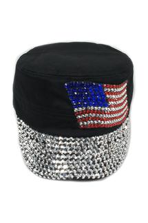 Rhinestone USA Flag Cadet Hat-H1137-BLACK