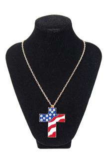 USA Flag Pattern Rhinestone Cross Necklace-NC072