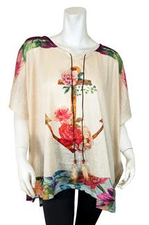 Flower and Anchor Print Kimono Poncho Top-S1740